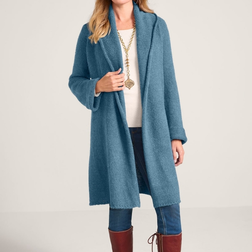 Soft Surroundings Blue Telluride Wool Mohair Blend Open Front Chunky Cardigan S